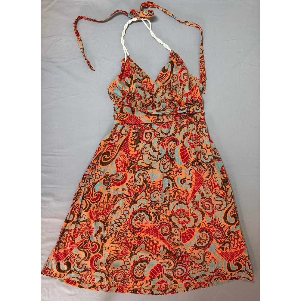 Moulinette Soeurs Anthropologie Orange Paisley Cotton Tiki Halter Dress Size 4